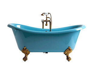 A vintage, turquoise clawfoot bathtub with ornate brass fixtures and feet