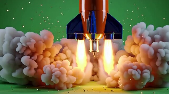 Colorful rocket launching with fiery exhaust and smoke clouds on green background, concept of innovation, startup, and success  
