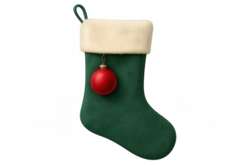 Green christmas stocking with white faux fur cuff and red ornament, holiday season decoration with transparent background