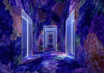 A floral-themed hallway with glowing accents.