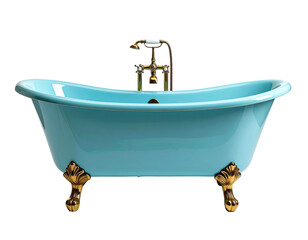 An aquamarine claw-footed bathtub with gold fixtures against a transparent background