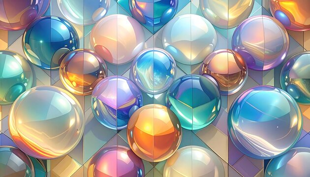 Colorful glossy spheres background. Iridescent abstract pattern with shiny reflective bubbles, vibrant light, and geometric texture.