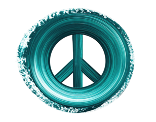 Teal peace symbol, painted with textured brushstrokes, against black background