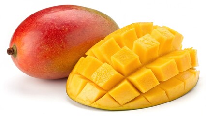 Juicy fresh mango slice isolated on a white plate, a sweet and healthy tropical fruit dessert