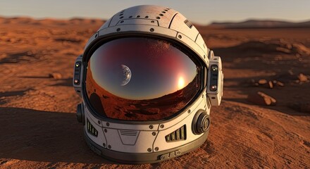 Fototapeta premium A futuristic astronaut helmet on a rocky Mars surface with the Earth and the sun reflected in the visor.