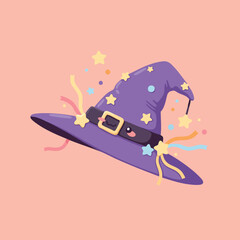 Adorable 2D witch hat with a happy face and rosy cheeks, decorated with stars and ribbons, pastel colors,
