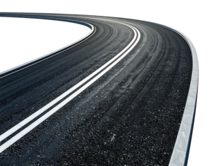 Elevated shot of an asphalt road curving, marked with white lines against black