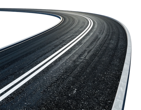 Elevated shot of an asphalt road curving, marked with white lines against black