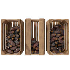 Three Wooden Crates Filled with Glossy Brown Dates  Bulk Storage for Sale, Distribution, or Agricultural Display of Fresh Produce
