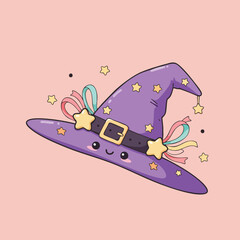 Adorable 2D witch hat with a happy face and rosy cheeks, decorated with stars and ribbons, pastel colors,