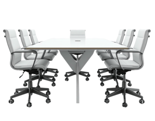 A modern meeting room setup with white chairs and a large conference table