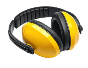 Bright yellow ear defenders, black headband, angled on a dark background