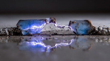 Electrified ice crystals frozen mid-fracture, capturing lightning formation in a slow-motion light explosion.
