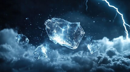 Electrified ice crystals frozen mid-fracture, capturing lightning formation in a slow-motion light explosion.
