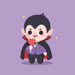 funny 2D kawaii vampire with rosy cheeks, holding a lollipop shaped like a bat, small sharp teeth