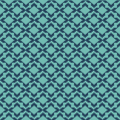 Blue-Green Tone Traditional Embroidery Art Abstract with Pixel Art Designs for Textile Print