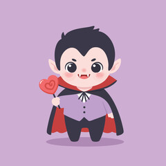 funny 2D kawaii vampire with rosy cheeks, holding a lollipop shaped like a bat, small sharp teeth