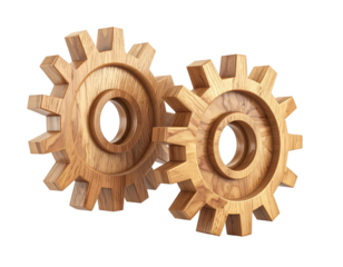 Two wooden gears interlocked against a black background. Close-up, detailed