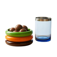 Stacked Colorful Dishes with Chocolate Balls and Blue-Based Glass  Modern Dessert Setup with Glossy Texture and Artistic Contrast