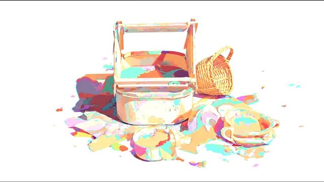 Colorful abstract still life of picnic set basket, containers, cups on white backdrop