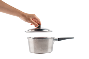 Stainless steel pot with lid in hand on transparent background