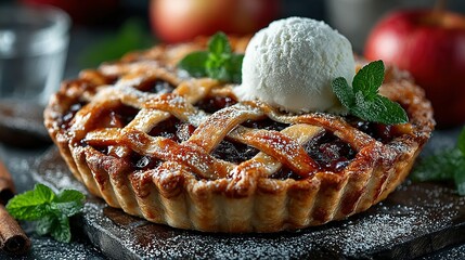 Apple pie with lattice crust topped with ice cream and mint leaves.