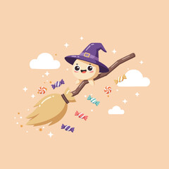 Halloween vector illustration of a fun cartoon witch  in a hat flying across a blue sky with the moon and a bird