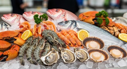 A variety of fresh seafood on ice, including fish, shrimp, and crab.