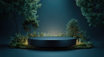 Dark, circular pedestal surrounded by lush greenery in a forest scene.