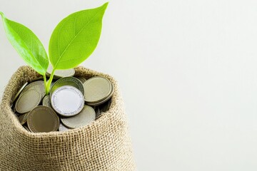 Obraz premium Young plant growing from a burlap sack filled with coins, symbolizing financial growth, investment, and profitable savings
