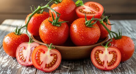 Fresh red tomatoes in a wooden bowl with water droplets, surrounded by whole and halved tomatoes on a rustic wooden table.