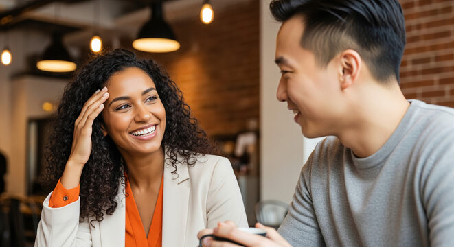 Happy diverse couple laughing and talking during a coffee date in a modern cafe
