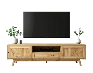 A wooden console with a mounted TV and decorative plants on a black background