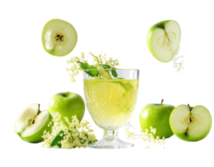 A refreshing drink with green apples and flowers, on a transparent backdrop