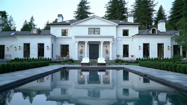 Exterior of Large White Colonial Style House with Swimming Pool in Evening Light