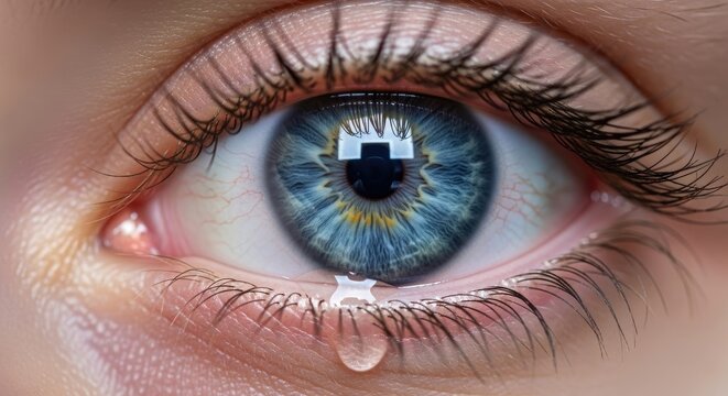 A close-up of a human eye with tears streaming down the lower lid.
