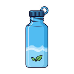 Flat Design Icon of a Blue Reusable Water Bottle with Water and Green Leaves Promoting Healthy Hydration and Sustainability