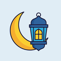 Flat Design Icon of Ramadan Crescent Moon and Lantern for Cultural and Religious Celebrations
