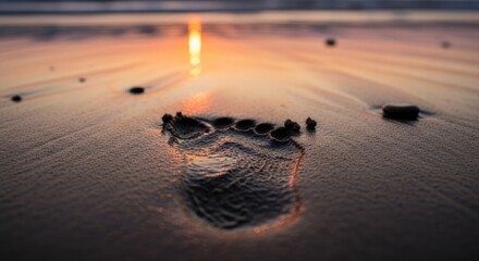 Footprint in wet sand at sunset, reflecting the sun's reflection.