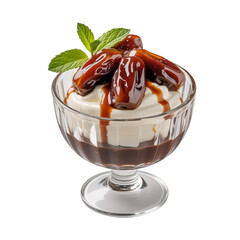 Chocolate Date Sundae in Glass Dish  Creamy Dessert with Whipped Topping, Mint Garnish, and Rich Sauce for Festive Indulgence