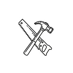 A black and white line drawing of a hammer crossed with a handsaw, symbolizing tools and construction.