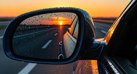 A car's side mirror reflecting a sunset and a highway.