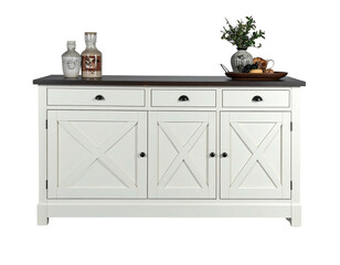White sideboard with dark top, drawers, and cross-design doors; decor on top