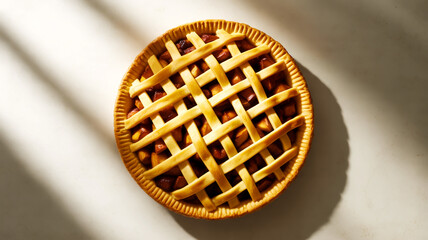Professional food photography of golden apple pie on pure white background