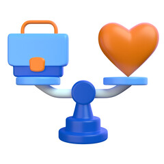 Work Life Balance Concept with Blue Briefcase and Orange Heart on Balancing Scale on Transparent Background in 3D Render Design for Illustration