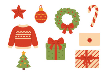 Christmas icon set with ugly sweater, gift box, wreath, tree, candy cane. Winter holiday decoration elements. Cute flat vector illustration collection isolated on white background.
