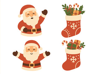 Cute Santa Claus character collection. Christmas vector set with festive xmas stocking full of gifts. Holiday icons for winter celebration. Flat cartoon illustration for design.