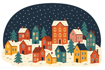 Colorful cute town at snowy winter night. Small city with old buildings and fir trees. Christmas card background. Hand drawn vector flat illustration. Holiday village scenery.