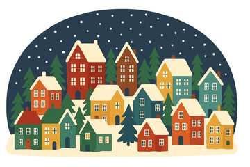 Cozy winter village on a snowy Christmas night. Colorful cute houses and fir trees in a small town cityscape. Festive holiday background. Hand-drawn flat vector illustration.