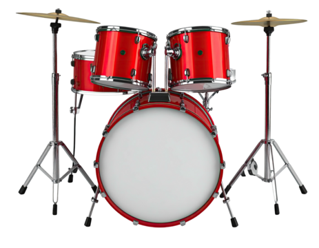 Shiny, red drum kit set up with cymbals against a black background